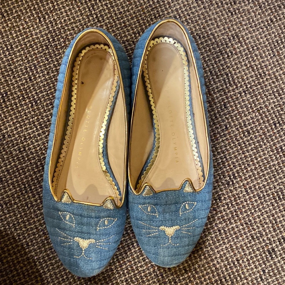 Chordate Olympia denim flats with gold cat face